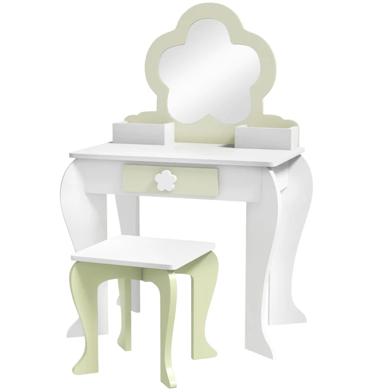 Kids Vanity Table with Mirror and Stool, Drawer, Storage Boxes, Flower Design, for Ages 3-6 Years - White