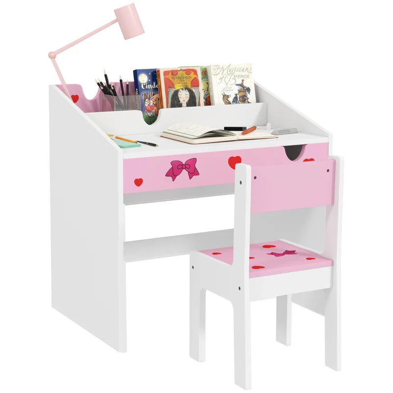 Children Study Table and Chair, Kids Desk and Chair Set with Storage, Pull-Out Drawer, for Ages 3-6 Years, Pink