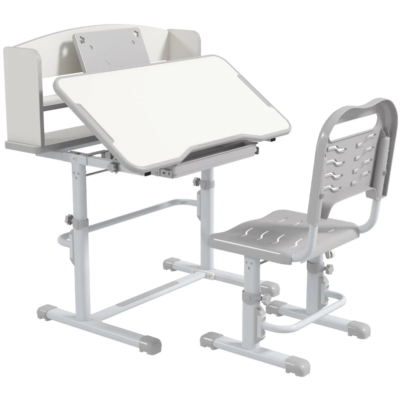 Height Adjustable Kids Study Table and Chair Set, with Drawer, Storage Shelf, 80 x 54.5 x 104 cm, Grey