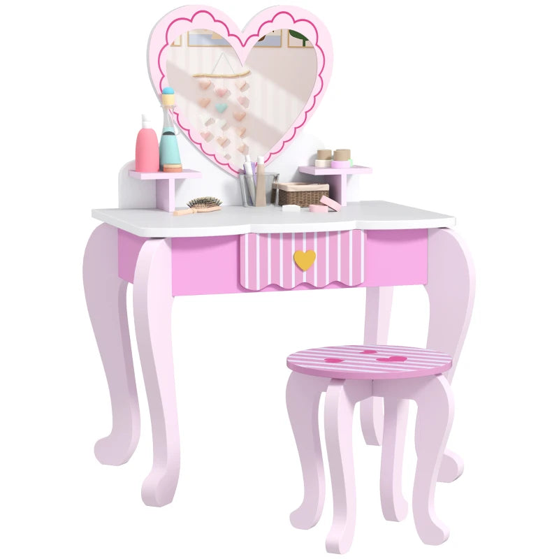 Kids Dressing Table Set, Vanity Table with Stool, Mirror, Drawer, Desktop Storage, Heart Theme, Pink