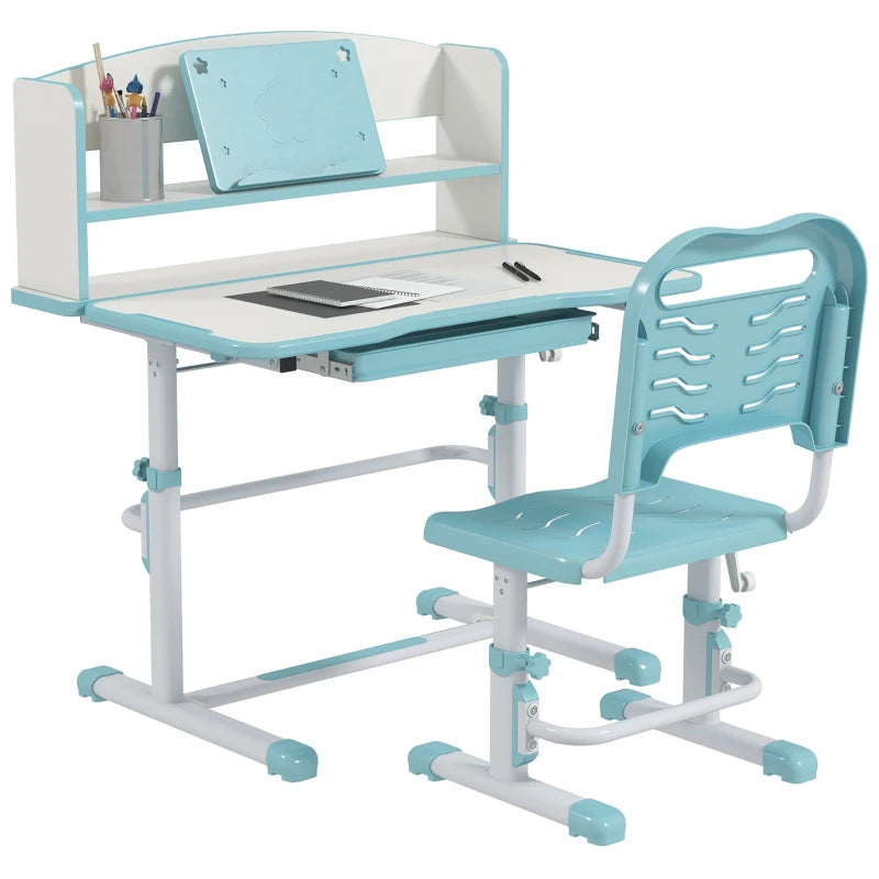 Height Adjustable Kids Study Table and Chair Set, with Drawer, Storage Shelf, 80 x 54.5 x 104 cm, Blue