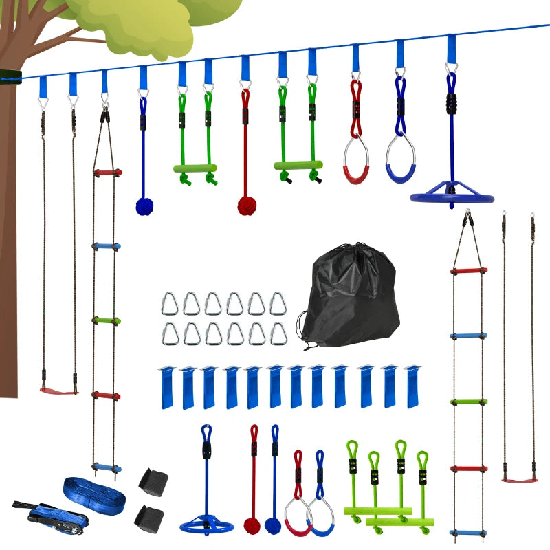 10-Piece Zip Line Kit for Kids with 10m Slackline, Monkey Bars, Swing, Climbing Ladder, Hanging Tray, Metal Rings