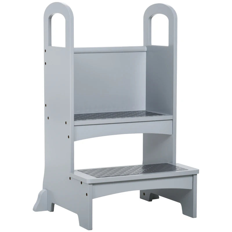Kids Wooden Step Stool Kitchen Helper w/ Non-Slip Panels Handles Child Toddler Home Help 3 - 8 Yrs Grey