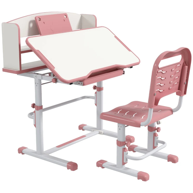 Height Adjustable Kids Study Table and Chair Set, with Drawer, Storage Shelf, 80 x 54.5 x 104 cm, Pink