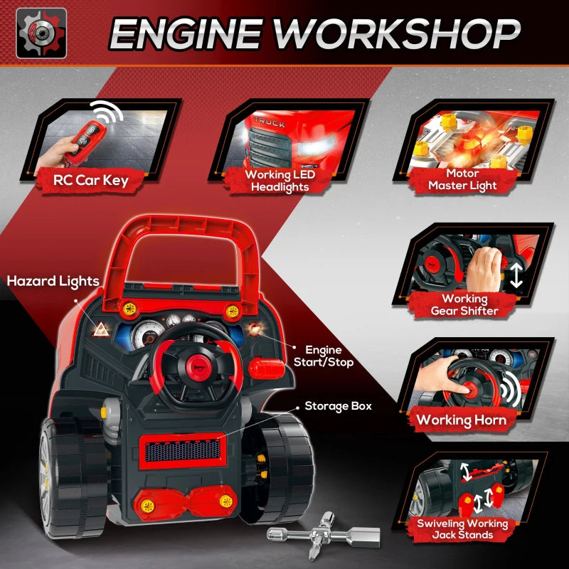 Kids Truck Engine Toy Set, Toddler Educational Car Service Station Playset, Take Apart Workshop, w/ RC Car Key, Steering wheel, Horn, Light, for 3-5 Years Old Red