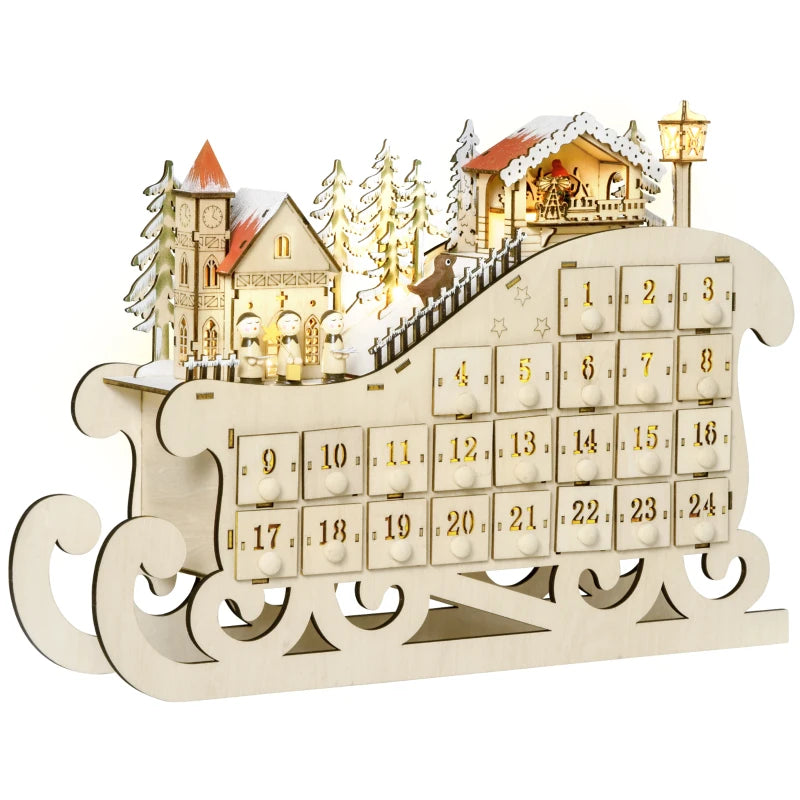 Christmas Advent Calendar, 2021 Light Up Table Xmas Wooden Sleigh Holiday Decoration with Countdown Drawer, Village, for kids Adults, Natural Wood Color