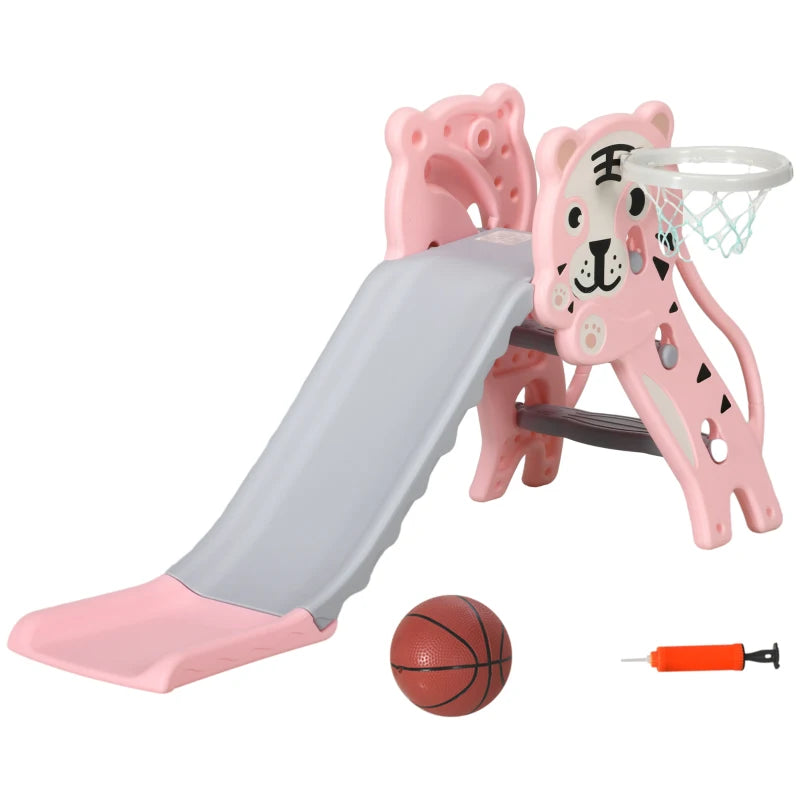 3 in 1 Baby Slide for Indoor Use with Climber, Basketball Hoop, Basketball, for Ages 18-36 Months - Pink