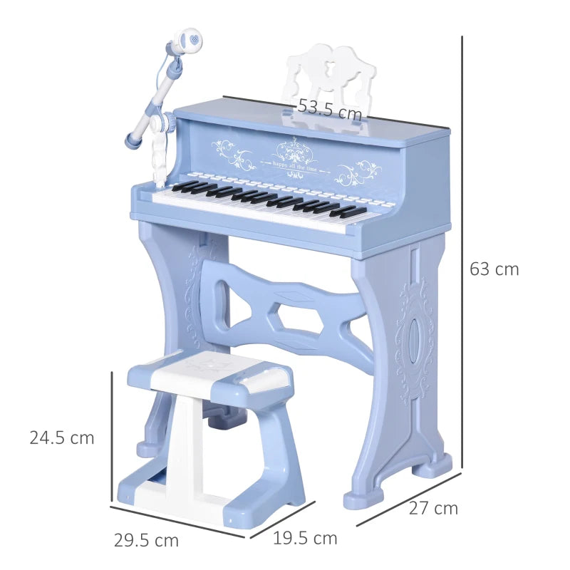 37 Keys Kids Piano Mini Electronic Keyboard Light Kids Musical Instrument Educational Game Children Grand Piano Toy Set w/Stool & Microphone & Music Stand (Blue)