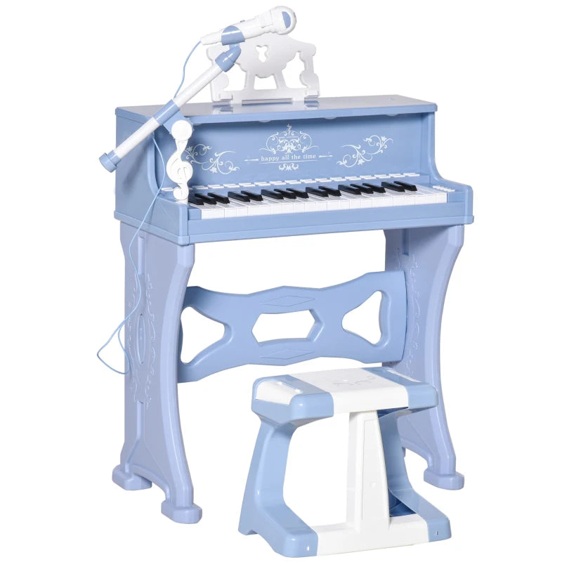 37 Keys Kids Piano Mini Electronic Keyboard Light Kids Musical Instrument Educational Game Children Grand Piano Toy Set w/Stool & Microphone & Music Stand (Blue)