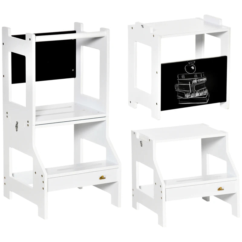 2 in 1 Kids Kitchen Step Stool with Safety Rail Toddler Steps with Chalkboard for Kitchen Bathroom, White