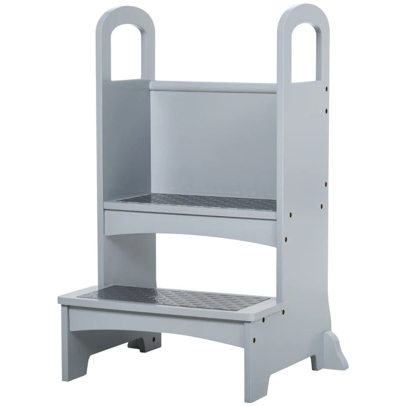 Kids Wooden Step Stool Kitchen Helper w/ Non-Slip Panels Handles Child Toddler Home Help 3 - 8 Yrs Grey