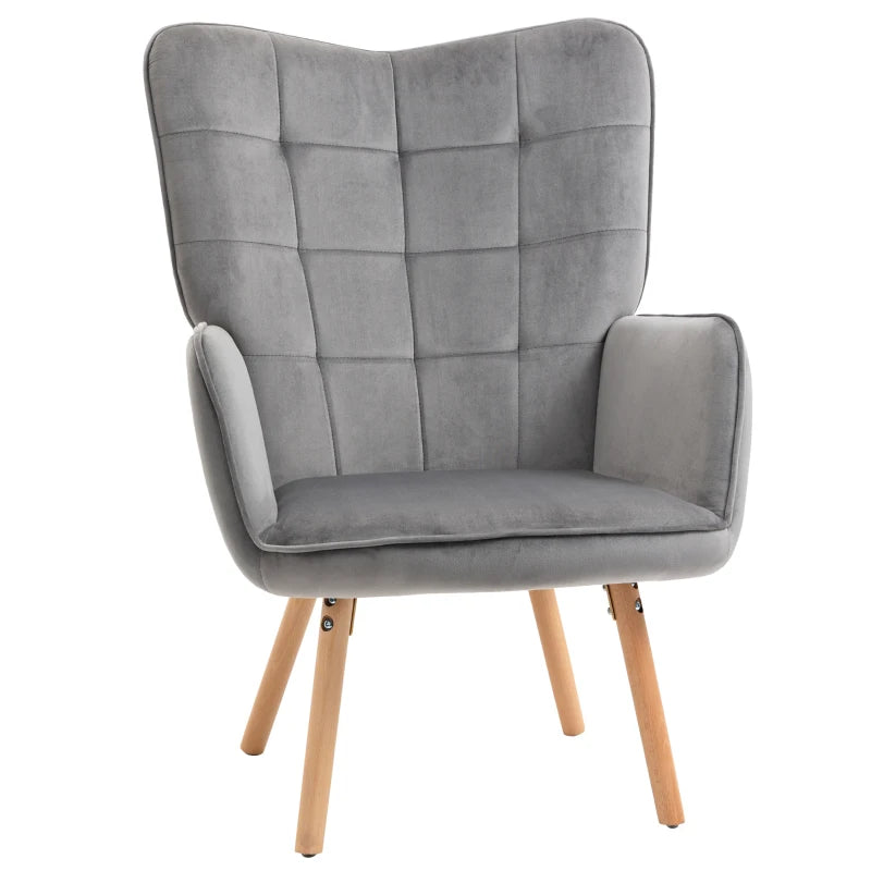 Modern Accent Chair, Upholstered Tufted Wingback Armchair with Seat Padding, Velvet Leisure Lounge Bedroom Chair with Wood Legs, Grey
