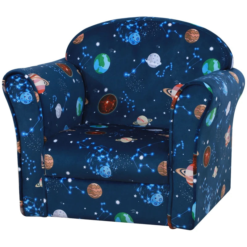 Kids Planet-Themed Armchair, with Non-Slip Feet, Wooden Frame - Blue