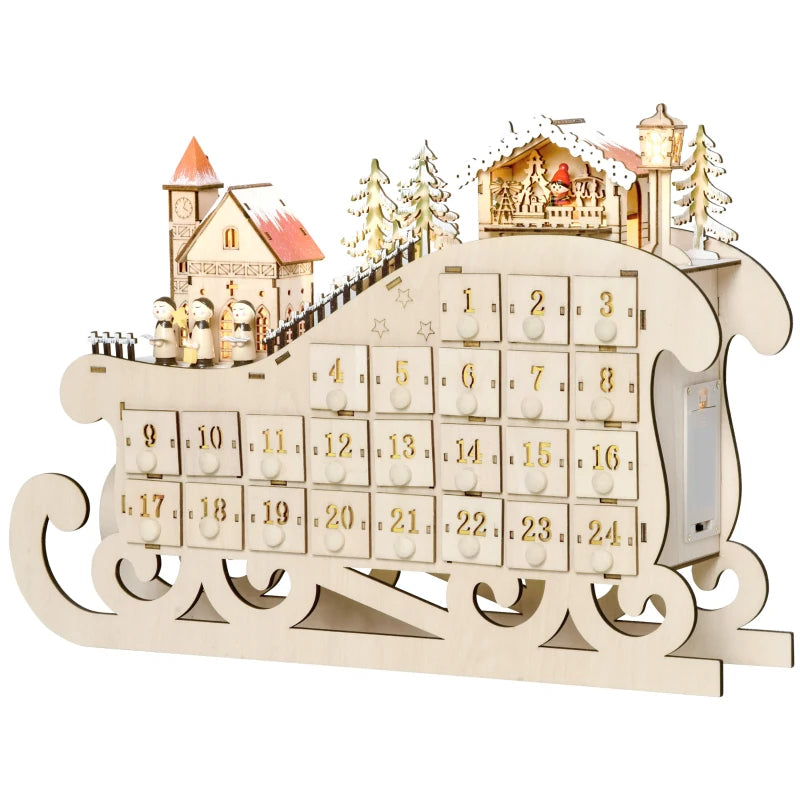 Christmas Advent Calendar, 2021 Light Up Table Xmas Wooden Sleigh Holiday Decoration with Countdown Drawer, Village, for kids Adults, Natural Wood Color