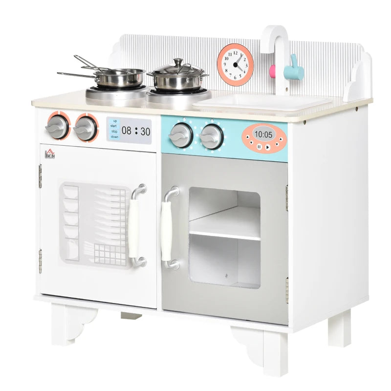 Kids Wooden Play Kitchen Toy Cooking Set Pretend Role Playset, with, Cooking Bench, Stainless Steel Pot for 3-6 Years