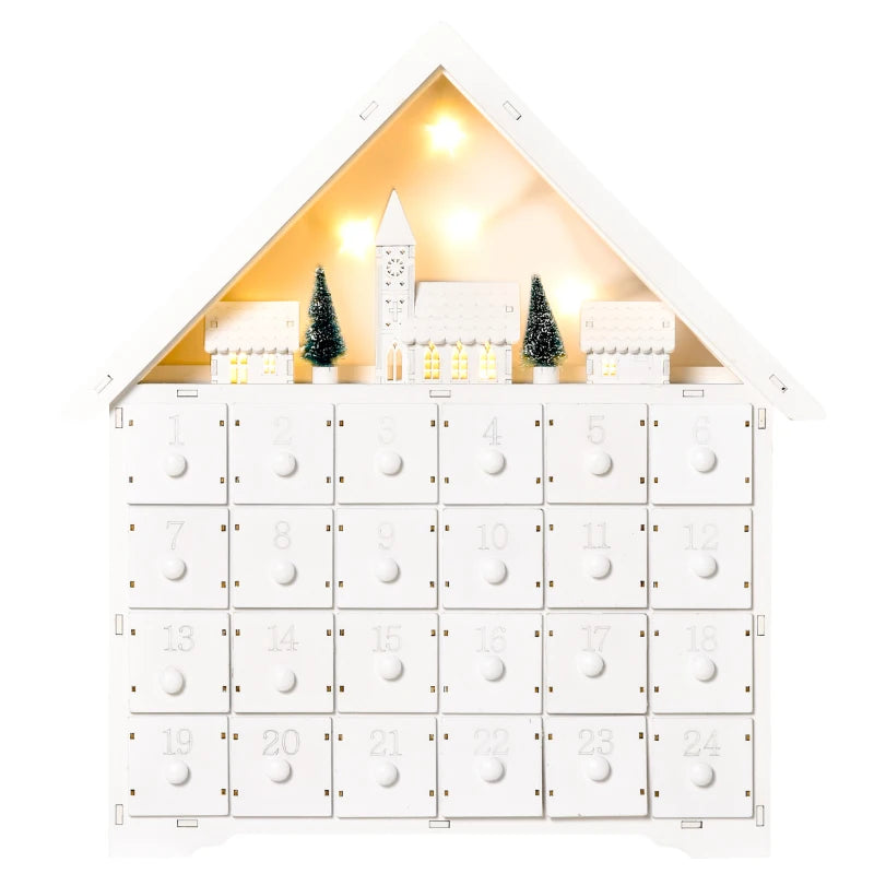 24-Drawer Christmas Advent Calendar, Wooden Light-Up Traditional Decoration, Adults Kids Countdown Holiday House w/ Lights Handle White