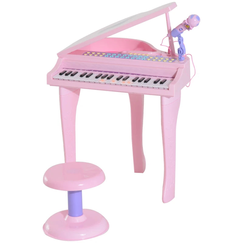 37 Keys Kids Mini Electronic Keyboard Children Grand Piano with Stool Microphone Light Musical Instrument Educational Game Toy Set (Pink)