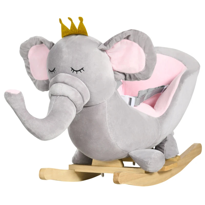 Kids Elephant-Designed Rocking Horse, with Safety Belt, Wooden Base, for Ages 18-36 Months - Grey