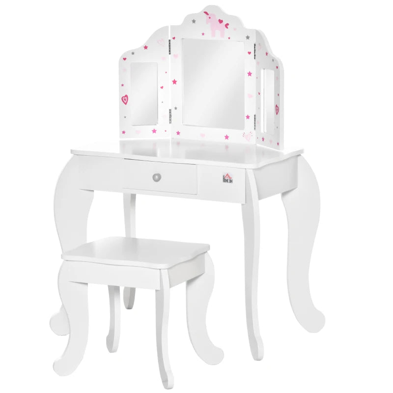 Kids Vanity Table and Chair Set with Tri-Folding Mirror and Stool, Makeup Dressing Table with Drawer, White