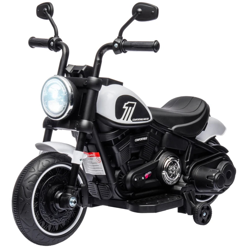 6v Electric Motorbike with Training Wheels, One-Button Start - White