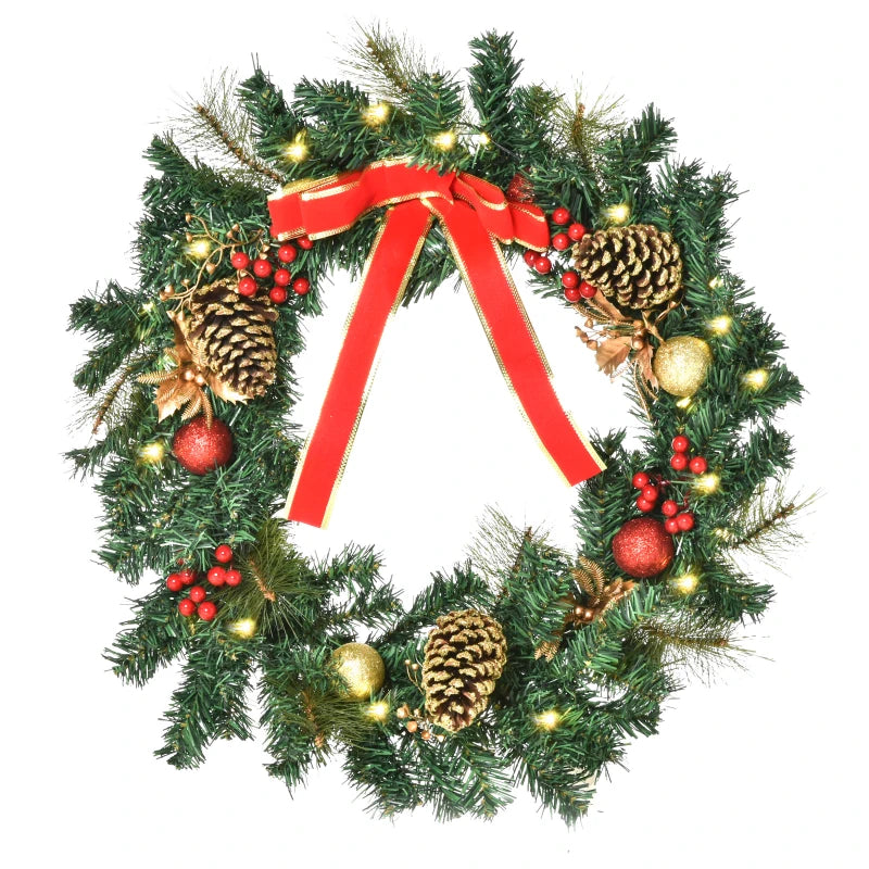 60cm Pre-Lit Artificial Christmas Door Wreath Holly LED Decor Pine Cones Hanging Glittered Festival Indoor Outdoor Decoration