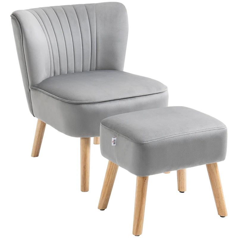 Velvet Accent Chair Occasional Tub Seat Padding Curved Back with Ottoman Wood Frame Legs Home Furniture Light Grey