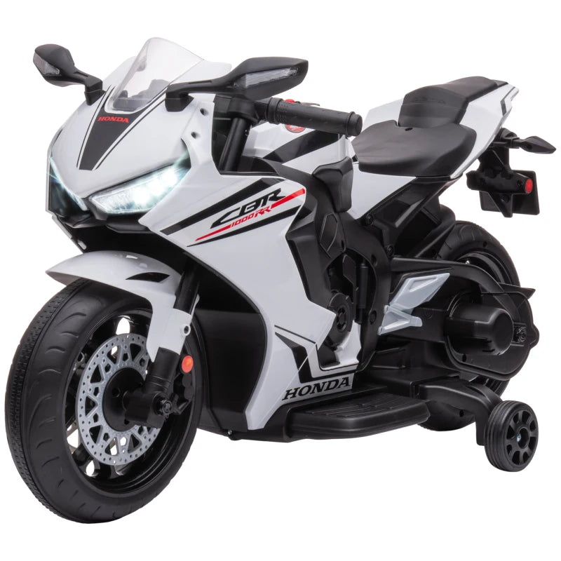 6V Honda Licensed Kids Motorcycle w/ Music, Training Wheels - White