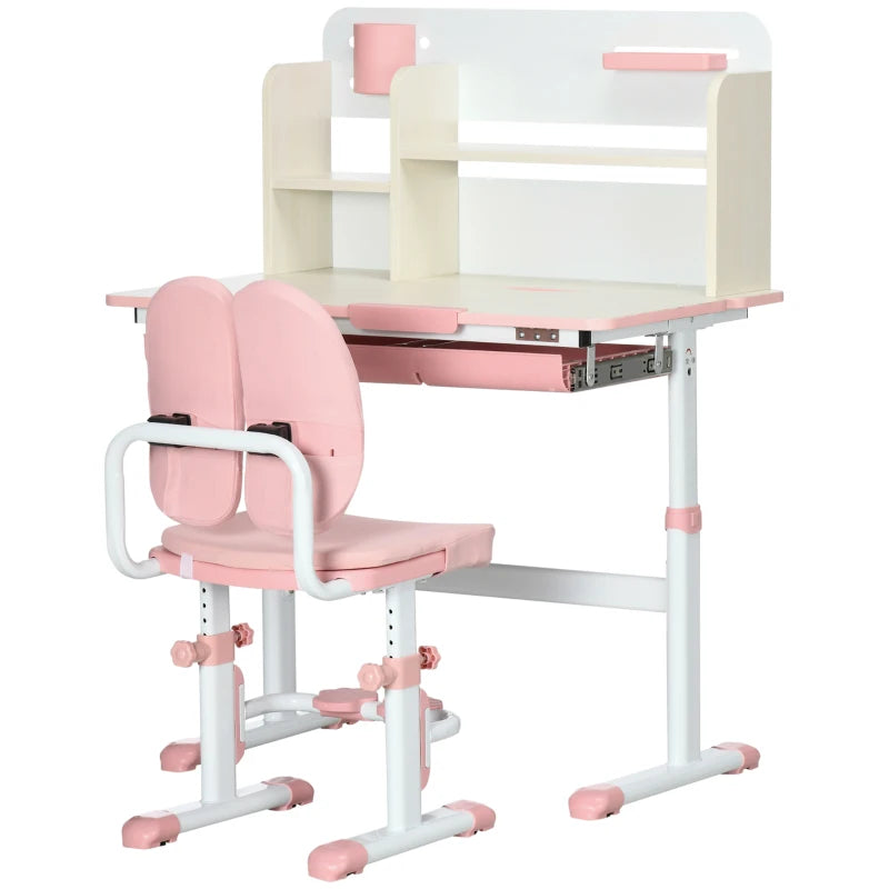 Kids Desk and Chair Set, with Storage Shelves, Washable Cover, for Ages 3-12 Years - Pink