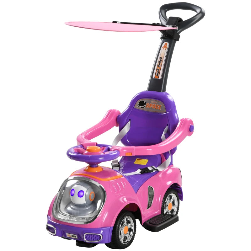 3 in 1 Ride on Push Car, Cartoon Robot Theme Foot to Floor Slider w/ Handle Light Music Horn, Storage - Pink