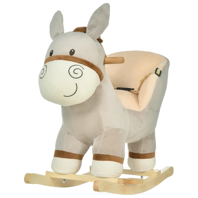 Kids Rocking Horse, Children Plush Ride On Donkey Animal Rocker w/ Sound, Wood Base Seat, Safety Belt, Baby Toy Rocker for Toddler 18 - 36 Months, Grey