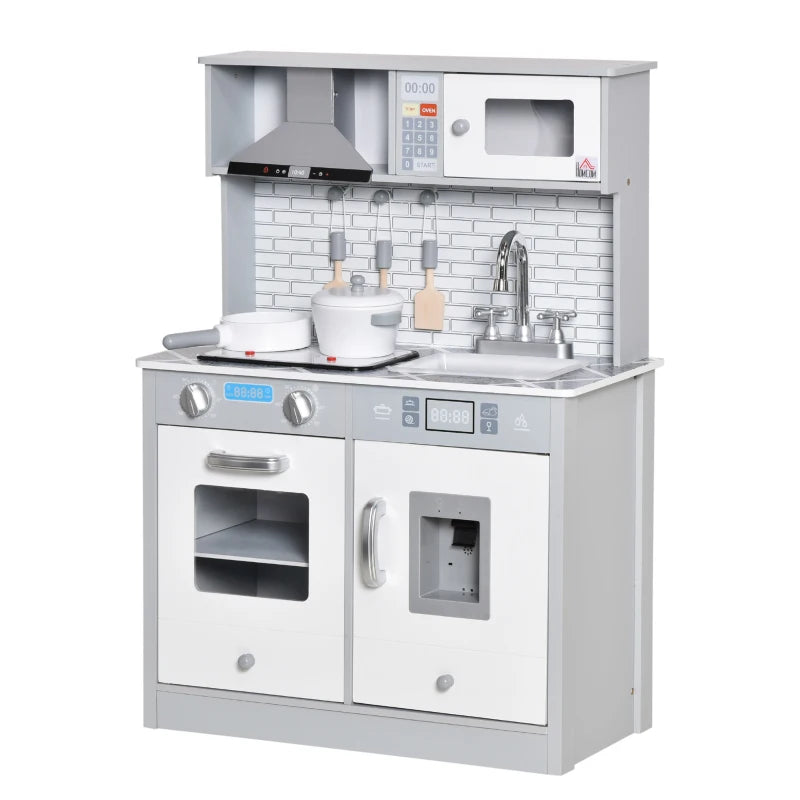 Kids Wooden Toy Kitchen Pretend Play Cooking Playset w/ Sound & Light Effect, Battery Operated Cooktop, Ice Machine, Marble Pattern Countertop, for 3-6 Years Old