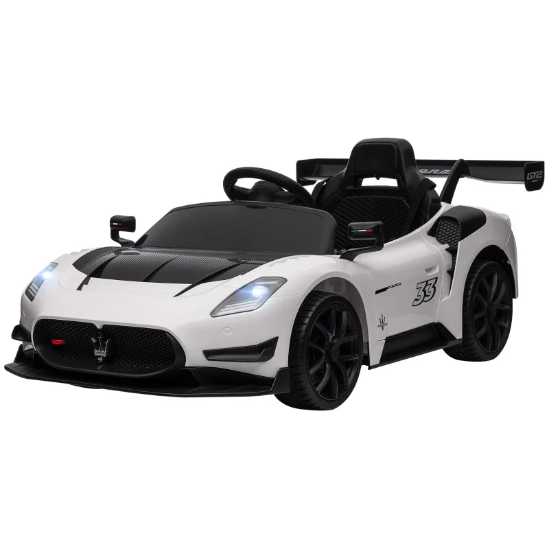Maserati GT2 Licensed 12V Kids Electric Ride on Car with 4 Suspension Wheels, Remote Control, Music, Horn, Lights, White