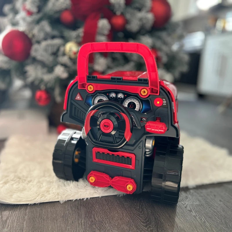 Kids Truck Engine Toy Set, Toddler Educational Car Service Station Playset, Take Apart Workshop, w/ RC Car Key, Steering wheel, Horn, Light, for 3-5 Years Old Red