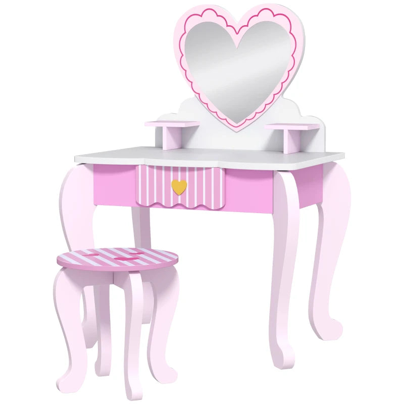 Kids Dressing Table Set, Vanity Table with Stool, Mirror, Drawer, Desktop Storage, Heart Theme, Pink