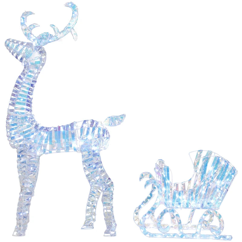 Lighted Christmas Reindeer with Sleigh, Outdoor Yard Reindeer with 170 Warm White LED Lights, Holiday Decor with Stakes, Waterproof, Silver