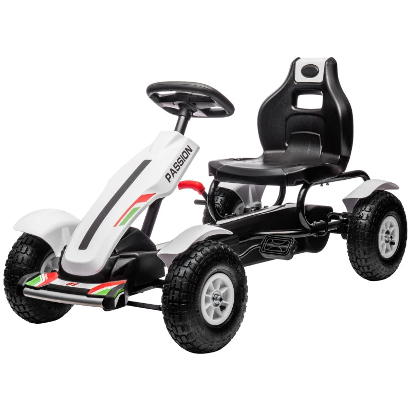 Children Pedal Go Kart, Kids Ride On Racer with Adjustable Seat, Inflatable Rubber Tyres, Handbrake, for Ages 5-12 Years - White