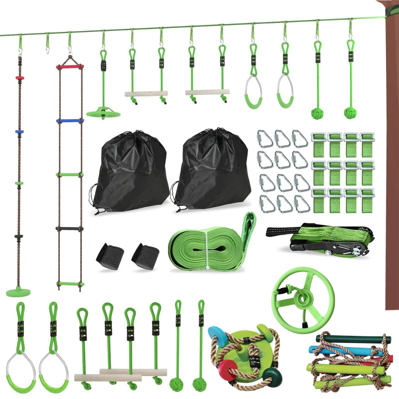 Obstacle course for Kids, with 10-Piece Slackline Kit with Monkey Bars, Gym Rings, Rope Ladder, Nest Swing, Hanging Tray