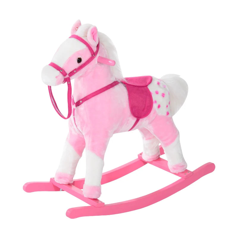Baby Rocking Horse Plush Ride on Animals Rocker with Sound Handle Grip for Kids 3-6 Years - Pink