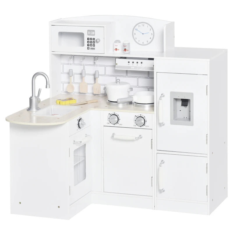Kids Play Kitchen Wooden Toy Kitchen Cooking Set for Children with Drinking Fountain, Microwave, and Fridge White
