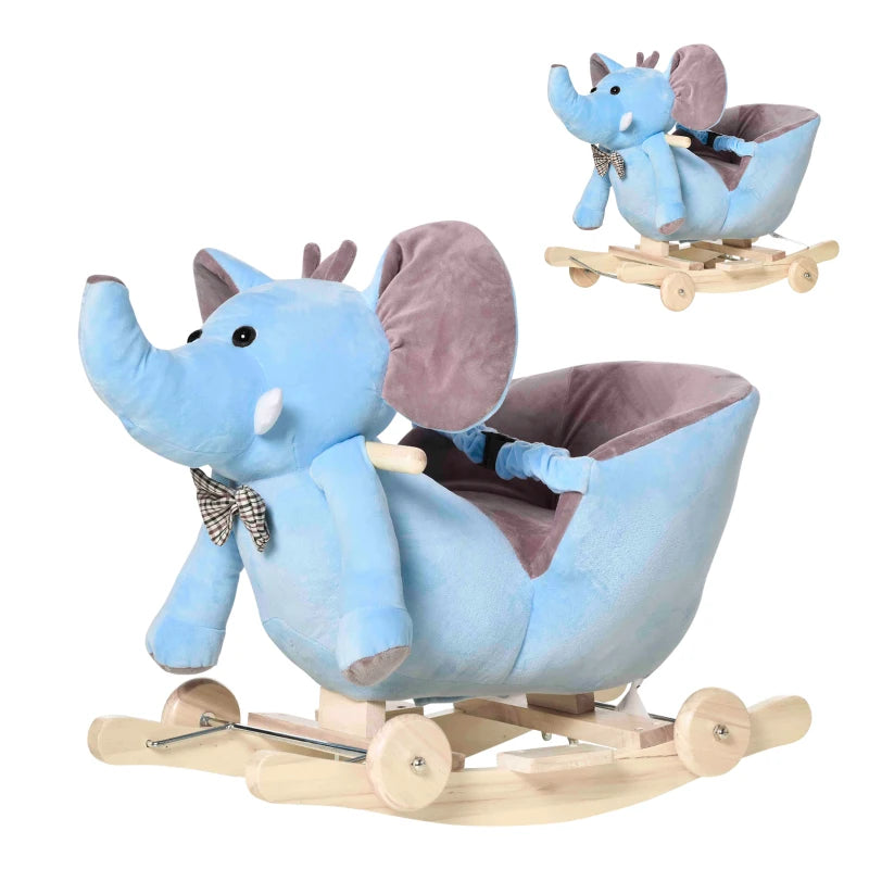 2 In 1 Plush Baby Ride on Rocking Horse Elephant Rocker with Wheels Wooden Toy for Kids 32 Songs for 18+ Months (Blue)