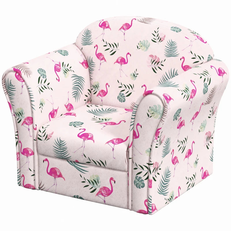 Kids Armchair with Flamingo Design, Wooden Frame, for Bedroom, Playroom, Kids Room - Pink
