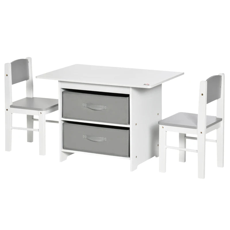3 Pcs Kids Table & Chairs Set Mini Seating Furniture Home Playroom Bedroom Dining Room w/ Storage Drawers Safe Corners for 2-4 Years old White