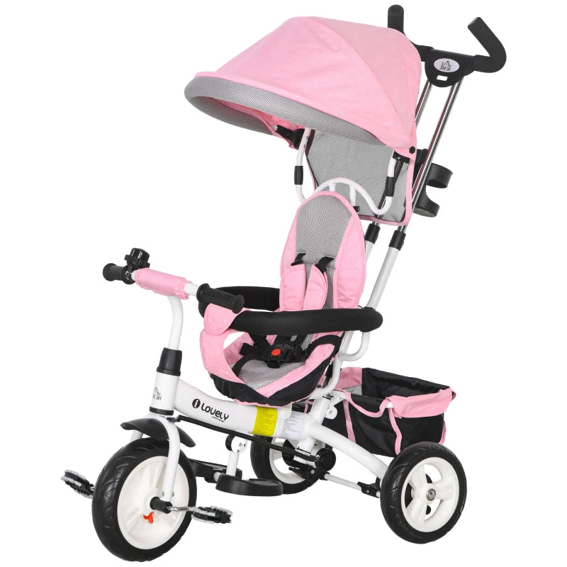 6 in 1 Kids Trike Push Bike w/ Push Handle, Canopy, 5-point Safety Belt, Storage, Footrest, Brake, for 1-5 Years, Pink