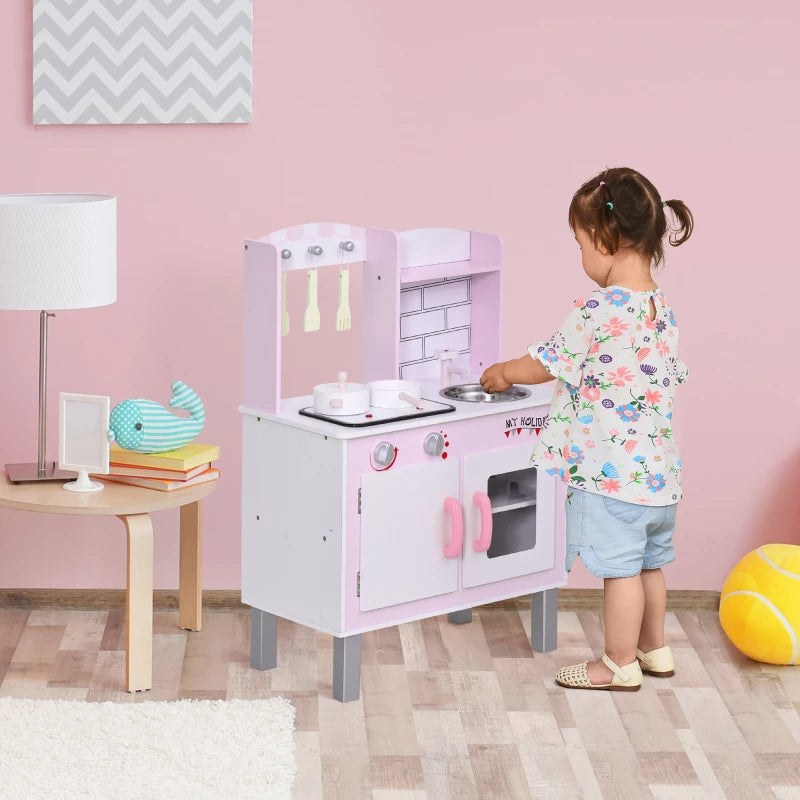 Kids Pretend Kitchen Playset w/ Cooking Toy Accessories - Pink