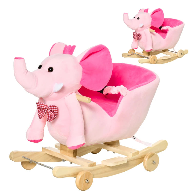 2 In 1 Plush Baby Ride on Rocking Horse Elephant Rocker with Wheels Wooden Toy for Kids 32 Songs for 18+ Months (Pink)