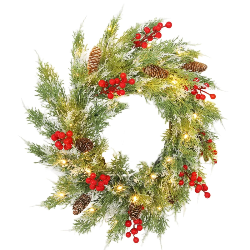60 cm Prelit Christmas Wreath, Door Wreath with Realistic Branches, 30 Warm White LEDs, Timer, Battery Operated
