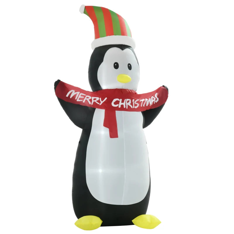 8ft Inflatable Penguin & Christmas Banner Decoration w/ Inner LED Lights Indoor Outdoor Weather-Resistant Shell Fun Cute