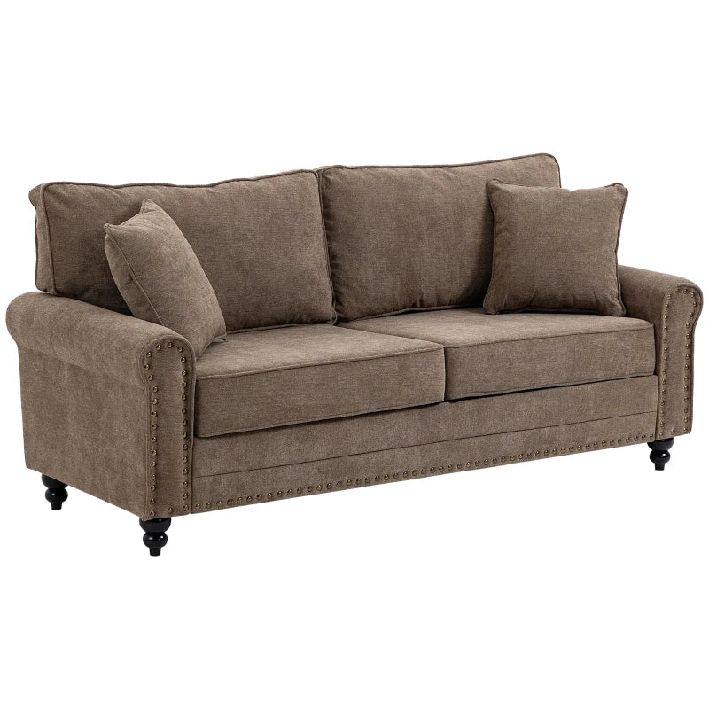 196cm 3 Seater Sofa, Fabric Sofa with Rubber Wood Legs, Nailhead Trim, 2 Pillows, Small Upholstered Couch Settee for Living Room, Guest Room, Brown