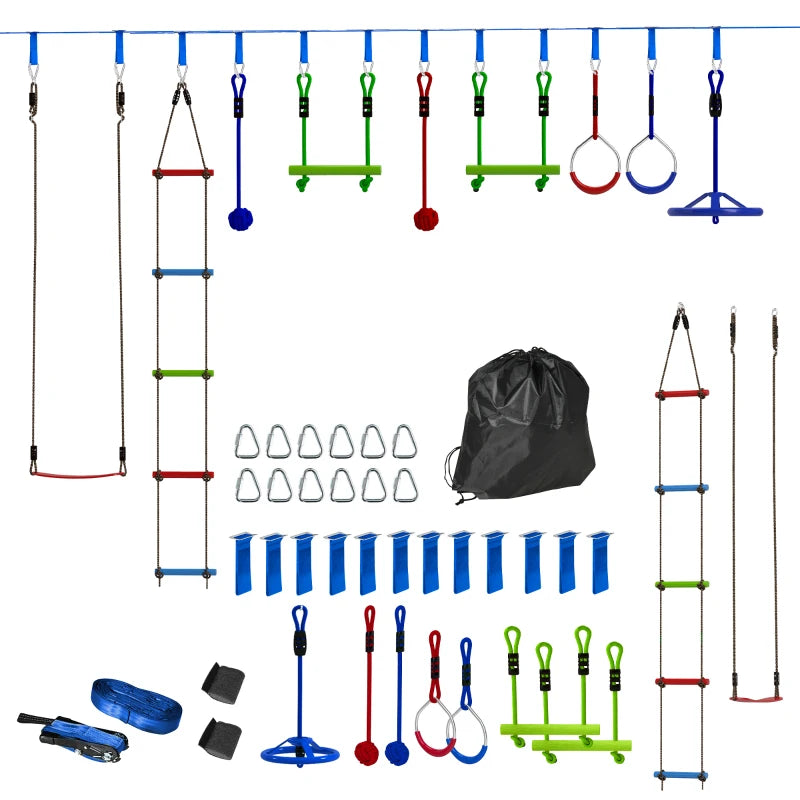 10-Piece Zip Line Kit for Kids with 10m Slackline, Monkey Bars, Swing, Climbing Ladder, Hanging Tray, Metal Rings