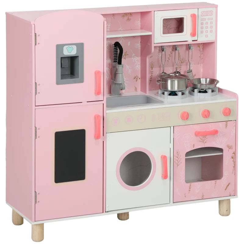 Play Kitchen, Kids Kitchen Set with Lights and Sounds, Double Stoves, Ice Maker, Chalkboard for 3+ Years, Pink